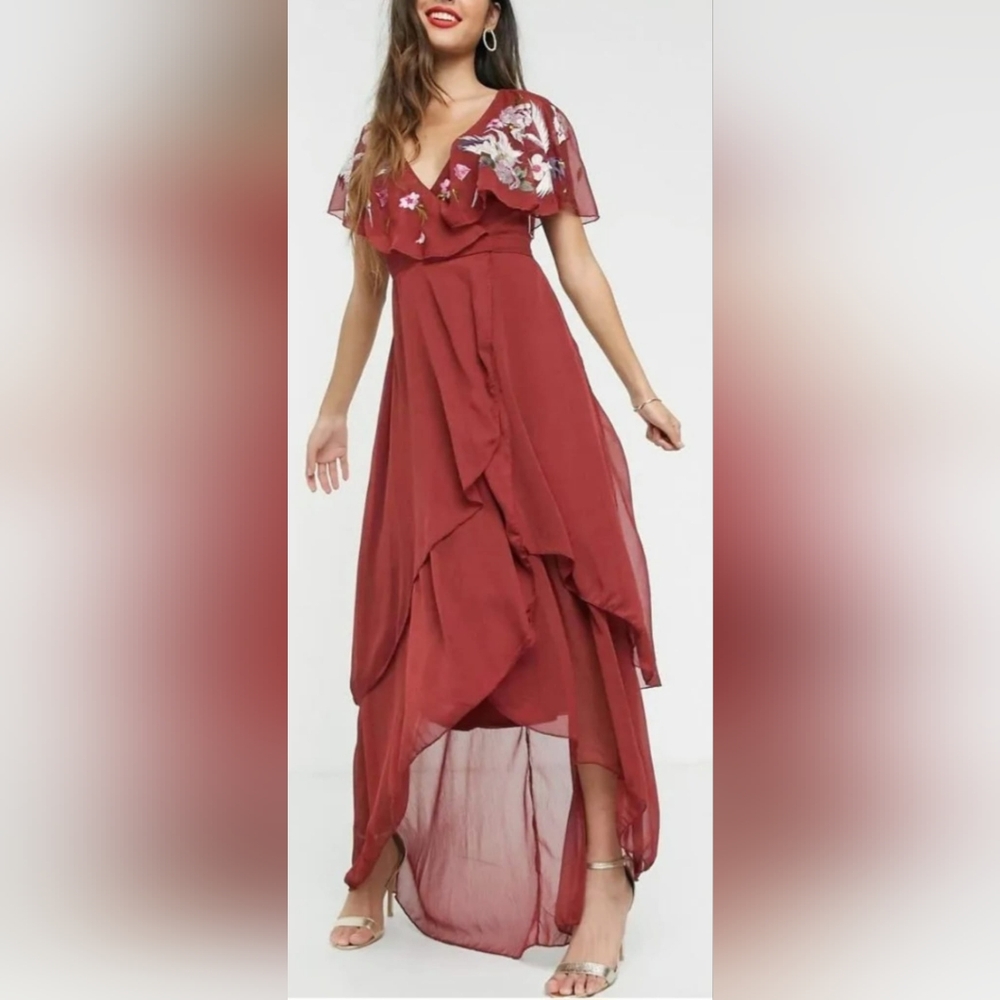 ASOS Embroidered Burgundy Wine High Low Chiffon Dress Wrap Design 6/Small